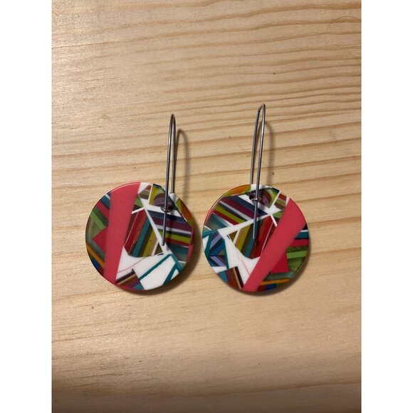 Colorful Geometric Acrylic Circle Earrings With Silver Hooks - Picture 4 of 4